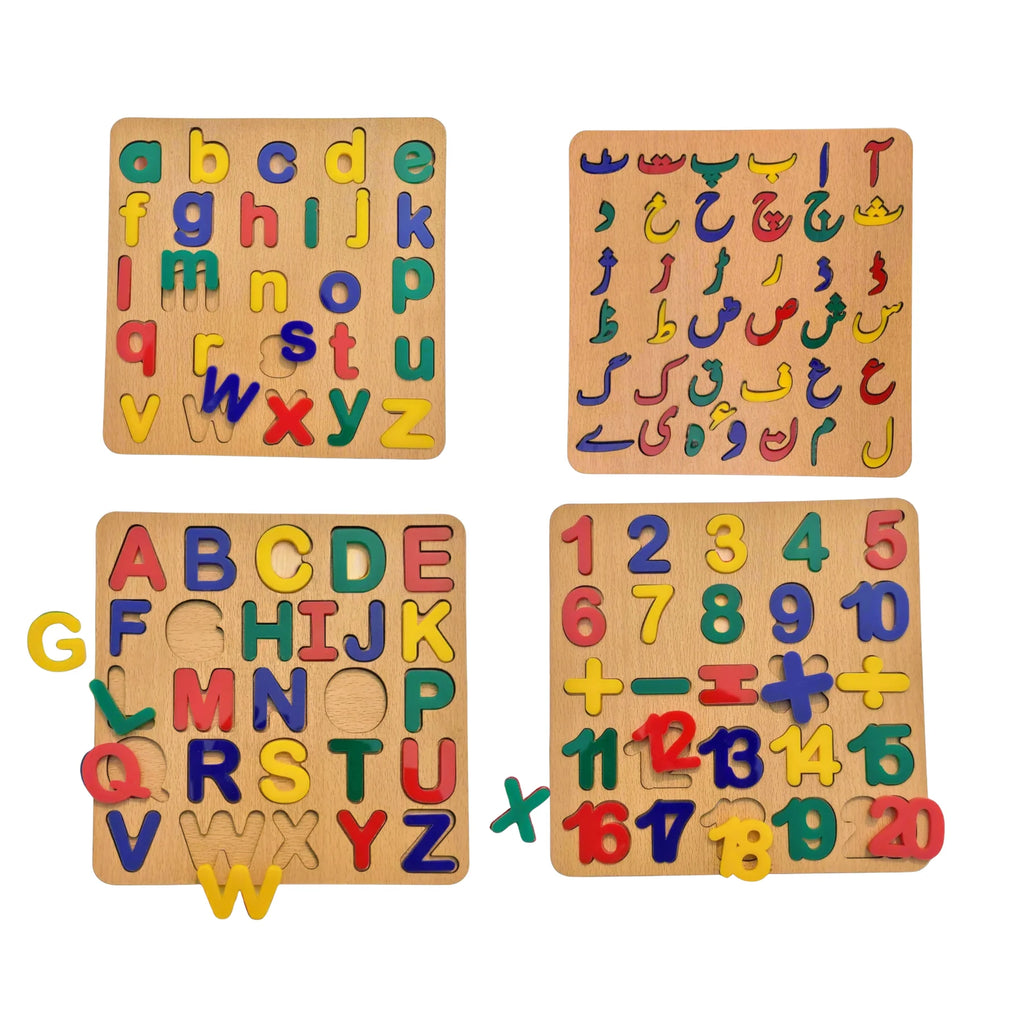 Montessori 4-in-1 Wooden Learning Puzzle Set (English, Urdu, Numbers & Alphabets)