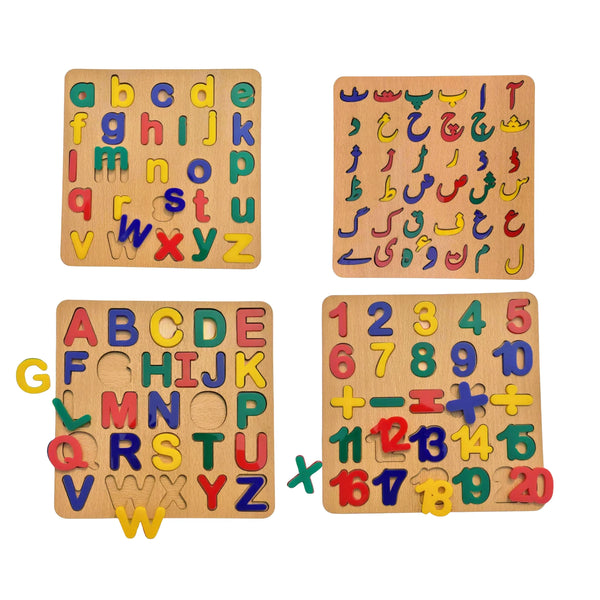 Montessori 4-in-1 Wooden Learning Puzzle Set (English, Urdu, Numbers & Alphabets)