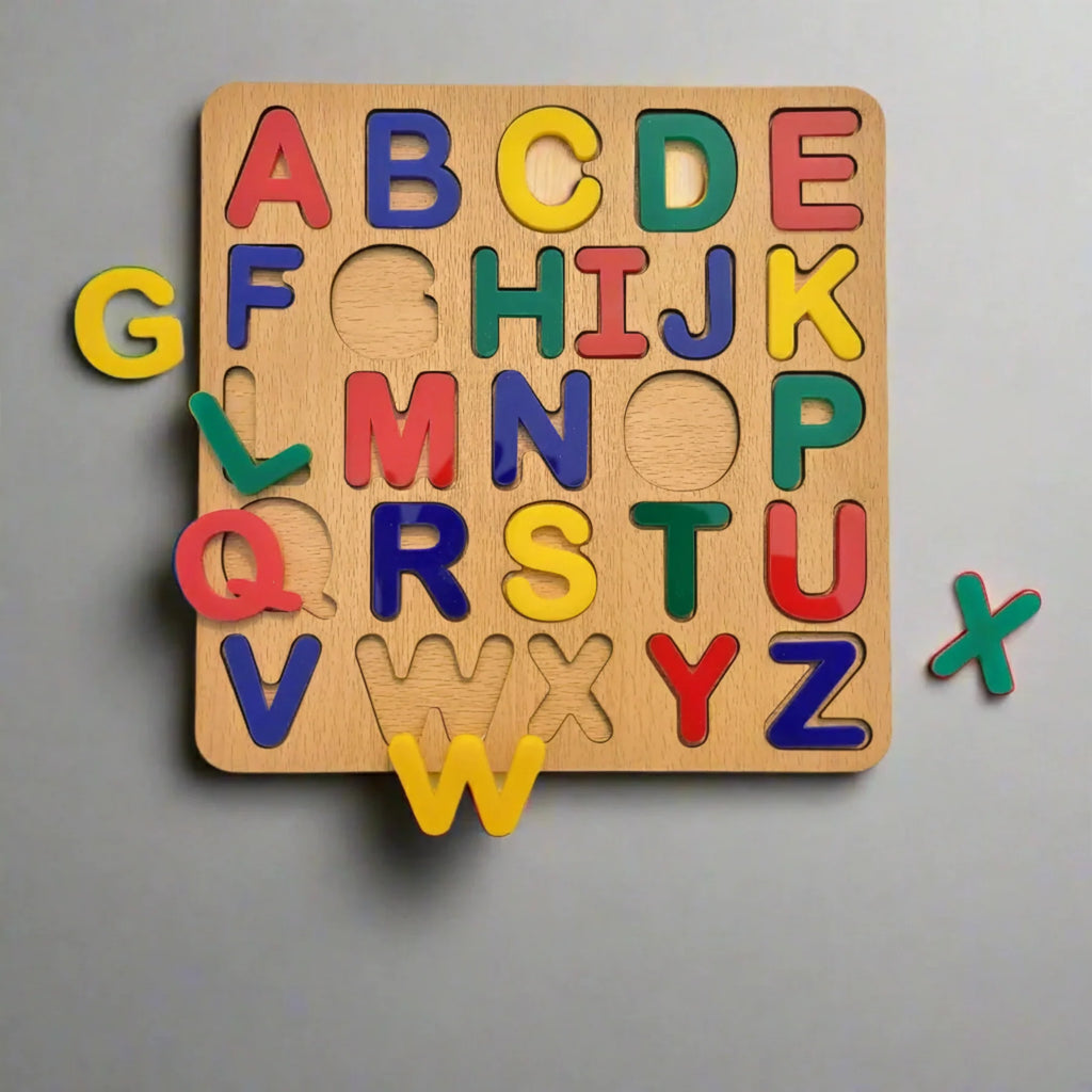 A–Z Wooden Alphabet Puzzle Board for Kids – Colorful English Learning Toy (20×20 cm)