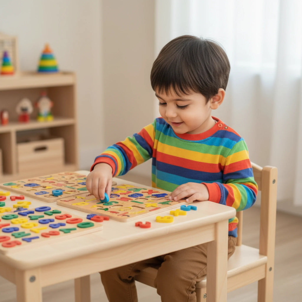 Montessori 4-in-1 Wooden Learning Puzzle Set (English, Urdu, Numbers & Alphabets)
