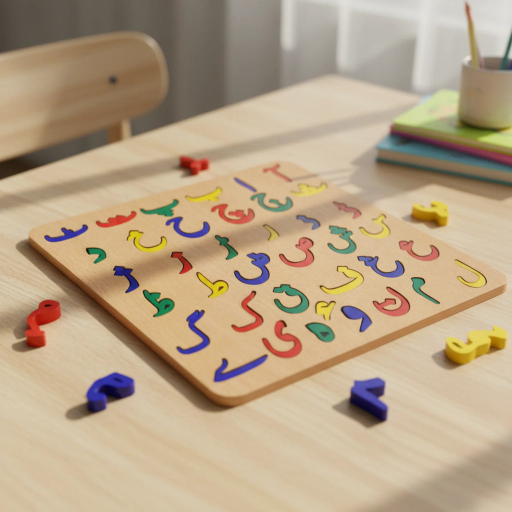 Urdu Alphabet Wooden Puzzle Board for Kids – Colorful Learning Toy (38 Letters, 20×20 cm)