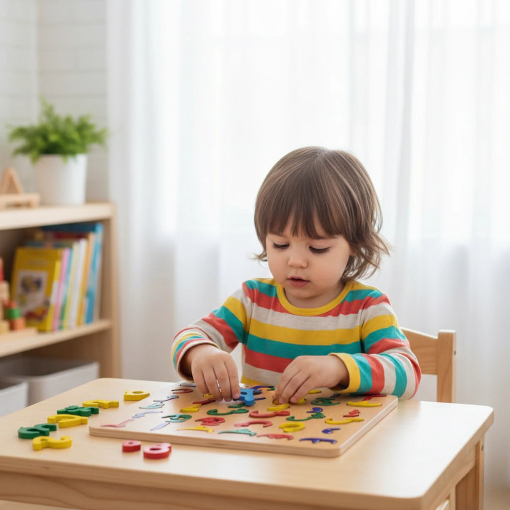 Montessori 4-in-1 Wooden Learning Puzzle Set (English, Urdu, Numbers & Alphabets)